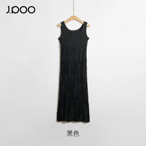 JPOO Slimming Paper Doll Long Vest Dress Pleated Fabric Loose Waist Polyester Fiber Spring Season H-Shape Solid Color Crew Neck