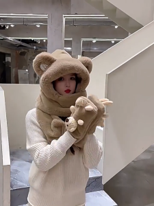 SKISOPGO หมวกกันหนาวสำหรับเด็ก หมวก ผ้าพันคอ และถุงมือ รวมอยู่ในหนึ่งเดียว ดีไซน์หมีสุดน่ารัก มีซับขนแกะเพื่อความอบอุ่นและกันลม