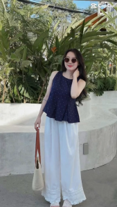 Set thiết kế mặc hè đồ đi biển set áo bi Đũi cộc kèm quần suông dài Đũi Xước phối Ren