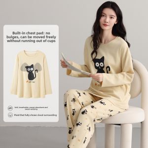 miiow | Pure Cotton Long Sleeve Womens Sleepwear Set Casual Print Comfortable Home Clothes Suitable For Autumn Wear And Outdoor