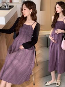 Maternity Spring Autumn Strap Dress Set Loose Sun Protection Open Cardigan Purple Dress Womens Style Simple Design Cotton Material