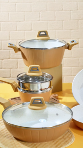 MAYBA CASSEROLE MEWAH Panci dalam/sup elegant valry coklat stock pot nonstick marble putih bintik emas