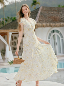 XIANGYING | V-Neck Floral Print A-Line Dress