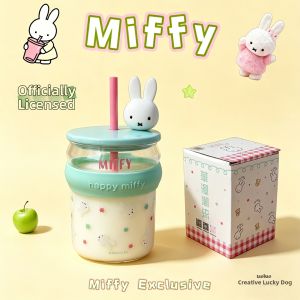 Cartoon Miffy Glass Cup With Lid And Straw