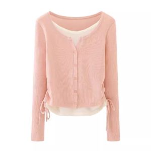 Áo Len Cardigan Dệt Kim Đơn Giản Cho Nữ Mùa Xuân Hè Mới Nhỏ Eo Rút Dây Áo Khoác Ngoài