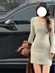 Elegant V-neck Knitted Dress Autumn Winter Base Layer Sweater Skirt Long Sleeve High Waist A-line Mini Dress for Young Women