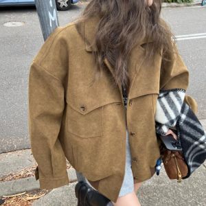 Áo Khoác Da Nữ Phong Cách Hàn Quốc Brown Retro Dáng Rộng Dài Vừa Phải Cổ Vest Thường Xuân Thu 2024 Áo Khoác Ngoài