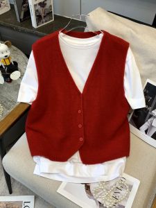 Áo Len Dệt Kim Không Tay Áo Khoác Ngoài Cho Nữ Mùa Xuân Mới Ngắn Màu Đỏ Áo Khoác Ngoài Thường Ngày Cổ Chữ V Một Nút