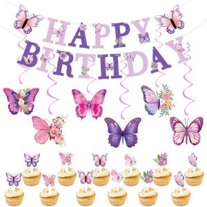 Purple Birthday DecorationsPre-Strung Happy Birthday Banner with Butterflies DIY Butterfly Party Decorations for Women Girls