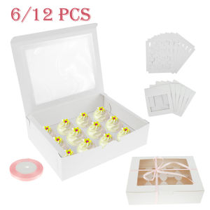 6/12Pcs Cupcake Packaging Box 12 Holes Cupcake Container with a Roll of Ribbon Kraft Box with Clear Window for Cupcakes Muffins
