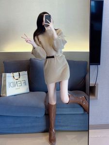 ชุดเดรสยาวถักสไตล์เกาหลี ฤดูใบไม้ร่วง 2025 ชุดสองชิ้น คอตั้ง ทรงหลวม ทรงเข้ารูป ชุดเดรสยาวถักสไตล์ฝรั่งเศส