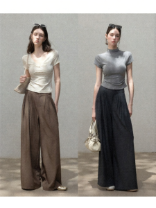 Cantonstory | Quần Nữ Dáng Rộng Cạp Cao Phong Cách Suit Casual Màu Nâu Đi Làm Mùa Hè