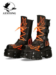 Retro Gothic Punk Motorcycle Boots Flame Design