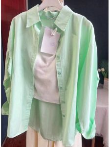 Dopamine Mint Wave Casual Loose Thin Cotton Shirt Womens Autumn Commute Button up Top Outerwear Long Sleeve Polo Collar