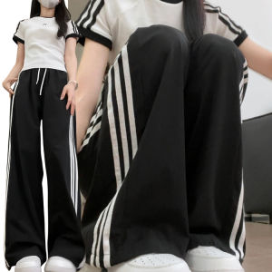 กางเกงกีฬาเอวสูงลายทางสีดำสำหรับผู้หญิง กางเกงขายาวทรงหลวมบาง แห้งเร็ว 2025 ฤดูร้อน กางเกงขายาวลำลองสำหรับผู้หญิง