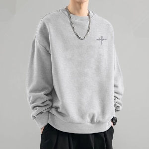 เสื้อฮู้ดคอกลมแขนยาวทรงหลวมสำหรับผู้ชาย ผ้าฝ้ายผสมขนแกะ ทรงหลวม ฤดูใบไม้ร่วง/ฤดูหนาว ลำลอง เสื้อฮู้ดสไตล์อเมริกัน