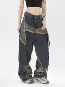 Quần Jeans Nữ Ống Thẳng Rộng Có Thêu Sao Phong Cách Đường Phố Cổ Điển Quần Dài Thường Ngày Màu Xanh Denim Quần Dài Cạp Cao