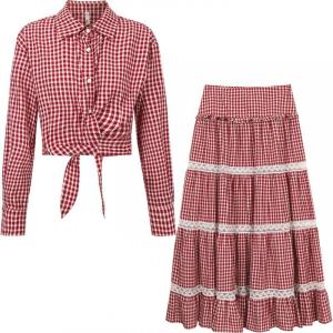Summer French Style Red Long Sleeve Short Plaid Shirt