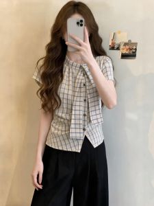 Vintage Check Short Sleeve Slim Fit Shirt Blouse