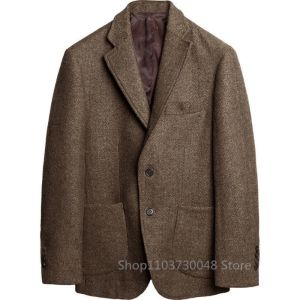 Casual Mens Gray Herringbone Blazer Tops Notch Lapel Two Buttons Outwear Prom Tuxedo Business Wedding Jacket Wool Suit Coat