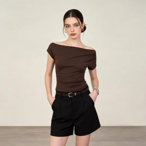 PIAOYA | Short Sleeve Off Shoulder Slanted T-Shirt for Women