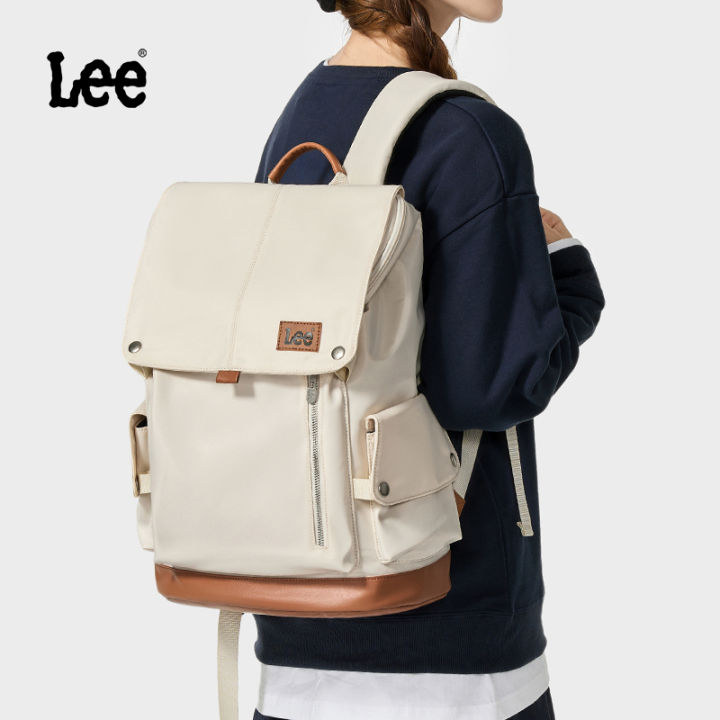 LEE Unisex White Oxford Leather Flip Cover Backpack with Laptop