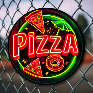 Vibrant Neon "PIZZA" Metal Sign – 7.8inch Round Wall Art Durable & Waterproof Fade-Resistant for Home Bar Cafe Garage Decor