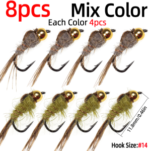5pcs/8pcs #14 Brass Bead Head Hares Ear Nymph Pheasant Tail Wet Flies Fly Fishing Trout Bass Grayling Perch Fishing Lure Baits