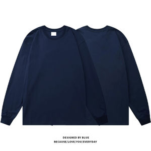 American Style Long Sleeve Cotton T-Shirt Mens Heavyweight Pure Cotton Spring Autumn Dark Blue Trendy Brand Youth Top