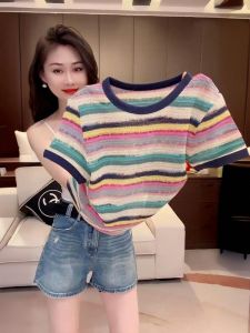 European Station Dopamine Wear Color Stripes Ice Silk Short Sleeve T-shirt Womens Summer Silm Thin Knitwear Tops