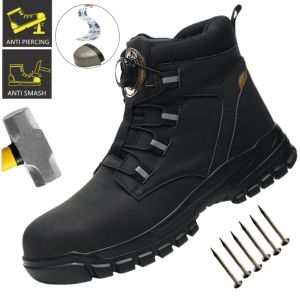 Leather Non Slip Work Boots for Men Rotating Button Safety Shoes Steel Toe Sneaker Male Puncture Proof Protective Boots