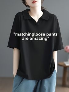 LINGLONGDAI | เสื้อยืดคอกลมแขนสั้นผ้าฝ้ายแท้สีดำ สำหรับผู้หญิง