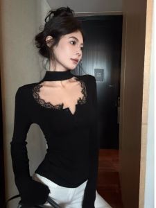 เสื้อเชิ้ตคอวีทรงเข้ารูปผ้าลูกไม้สไตล์เกาหลีสำหรับผู้หญิงไซส์ใหญ่ เสื้อเชิ้ตแขนยาวทรงเข้ารูปแบบฤดูใบไม้ผลิและฤดูใบไม้ร่วง