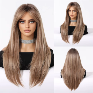 Ash Blonde Synthetic Wigs with Bangs Long Silk Straight Wigs Natural Looking Daily Party Wear Heat Resistant Fiber Realistic Wig