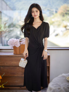 Work MIDI dress women short sleeve v neck high waist a line plain pleat polyester pink black work casual evening dinner dating holiday party designer spring summer autumn long dress Korean Galaz