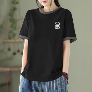 New Arrival Summer Artistic Fashion Pure Cotton Short Sleeve Womens Easiest for Match Anti-Aging Top Plus Size Loose Patchwork round Neck T-shirt