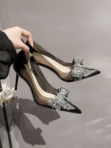 Transparent Black High Heels Womens Thin Heel Spring New Style Water Diamond Butterfly Knot French Pointed Toe Elegance Lady Single Shoes