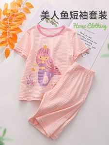 เด็กผู้หญิง ฤดูร้อน ชุดนอน ผ้าฝ้าย ชุดอยู่บ้านแขนสั้นเรยอนไม้ไผ่บางเสื้อผ้าเด็ก ระบายอากาศได้ดี ดูดซับความชื้น