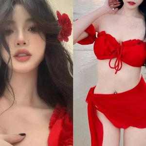 ชุดว่ายน้ำเซ็กซี่สำหรับผู้หญิง ชุดว่ายน้ำบิกินี่วันหยุดฤดูร้อน ชุดน้ำพองสีแดง ชุดน้ำพองขนาดใหญ่ ชุดน้ำพองสำหรับอบไหปลาร้า