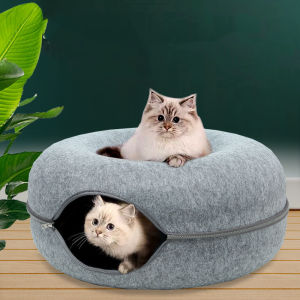 Cats House Basket Removable With Zipper Pet Cat Cave Beds Washable Enclosed Cushion Nest Funny Round Donut-Style Felt Tunnel Nest For Small Dogs Interactive Play Indoor Kitten Dog Puppy Pets Supplies For All Seasons