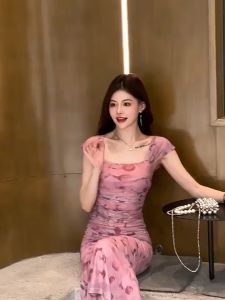elegant cocktail korean plus size casual pink fitted halter floral dress for woman summer midi dress