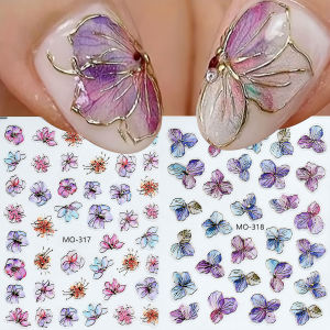 Spring Purple Gold Floral Butterfly Nail Art Stickers Shimmer Metallic Finish Multi-Color Flower Decals for Elegant Nail Design