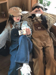 หมี เดนิม ชุดเอี๊ยม ผู้หญิง ขนาดสั้น ฤดูใบไม้ผลิ ฤดูใบไม้ร่วง บล็อกสีเรโทร หลวม ทรงลูกแพร์ตรง พรางหุ่น ขากว้างอ่อนเยาว์ กางเกง