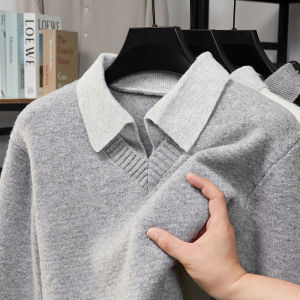 Autumn Winter New Mens Contrast Color Lapel Fake Two Piece Sweater Original Design Minimalist British Style Knitwear Menswear