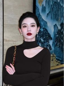 Áo Len Dệt Kim Cổ Cao Ôm Vừa Vặn Màu Đen Mùa Thu Đông Cho Nữ Áo Sơ Mi Cơ Bản Bên Trong Có Dây Đeo Cổ Tay Dài