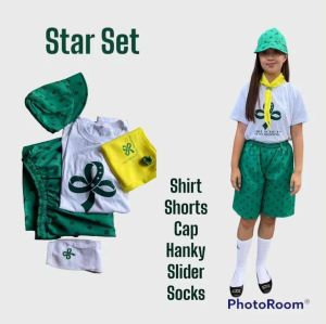 6in1 Type B GSP School Uniform Star Scout Set with Green Hat White T-Shirt Green Shorts White Socks and Yellow Badge