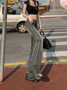 กางเกงยีนส์ทรงสลิมฟิตเอวสูงสำหรับผู้หญิง ZRZV สไตล์ย้อนยุคสไตล์อเมริกัน กางเกงขายาวทรงหลวมๆ สีน้ำตาลเข้ม