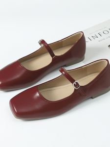 Mary Janes Womens Shoes Retro Flat Bottom French Style Slip-On Red Shoes New Chinese Style Qipao Single Shoes Soft Leather