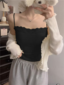 Áo Ba Lỗ Ren Ngắn Phong Cách Ngọt Ngào Đa Năng Màu Trơn Lưng Đẹp Áo Ba Lỗ Dây Đeo Cổ Cao Cotton Spandex Mùa Hè 2025