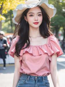 Elegant Short Sleeve T-Shirt for Women Ruffle Hem Square Neck Design Unique Korean Style Sweet Forest Girl Fashion Summer 2024